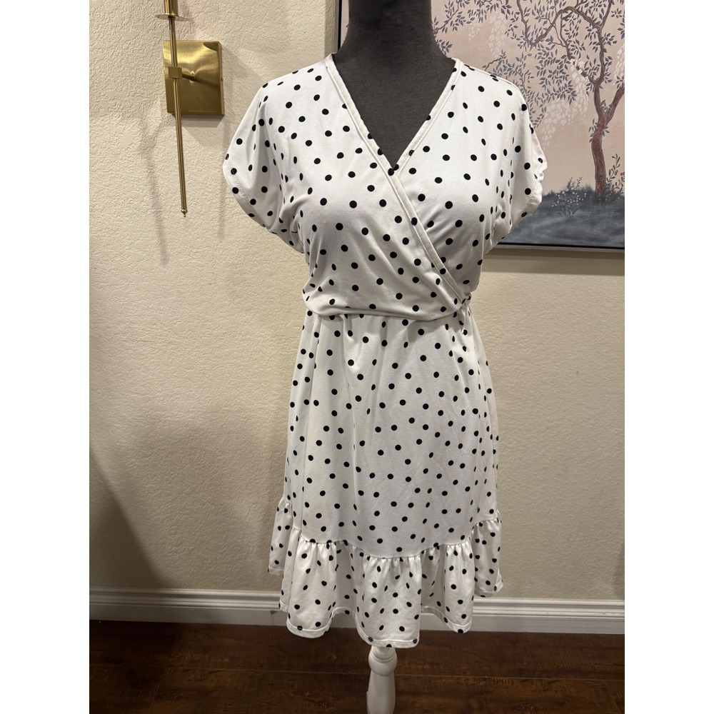 Caution To The Wind Polka Dot Wrap Dress White Black Ruffle Hem V-Neck Belted‎